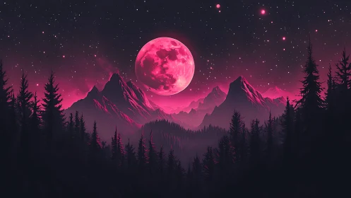 Crimson lunar landscape over conifer forest and ridged peaks.
