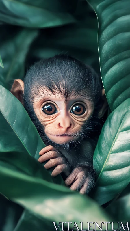 Juvenile monkey framed by lush foliage in photoreal detail