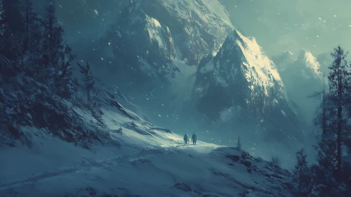 Snowy wanderers trace a quiet path beneath towering peaks