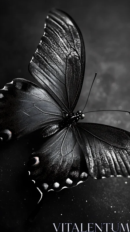 Monochrome butterfly rests in shimmering shadowed light