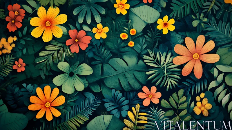 Tropical Floral Garden with Layered Botanical Composition.