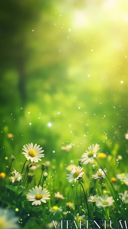 Sunlit daisy meadow with atmospheric bokeh glow rendering.