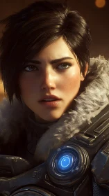 Stoic sci fi heroine watches the frozen battlefield ahead