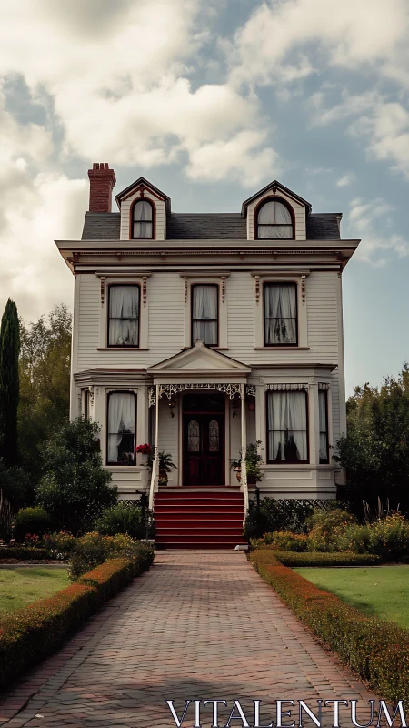 Victorian two-story villa with red steps and manicured garden.
