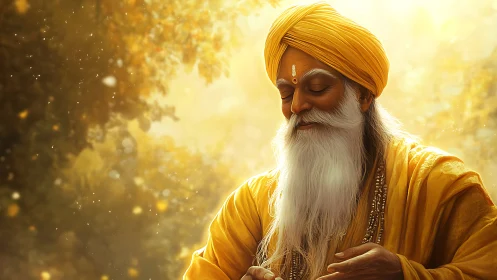 Elderly sage in golden robes meditates in glowing light.