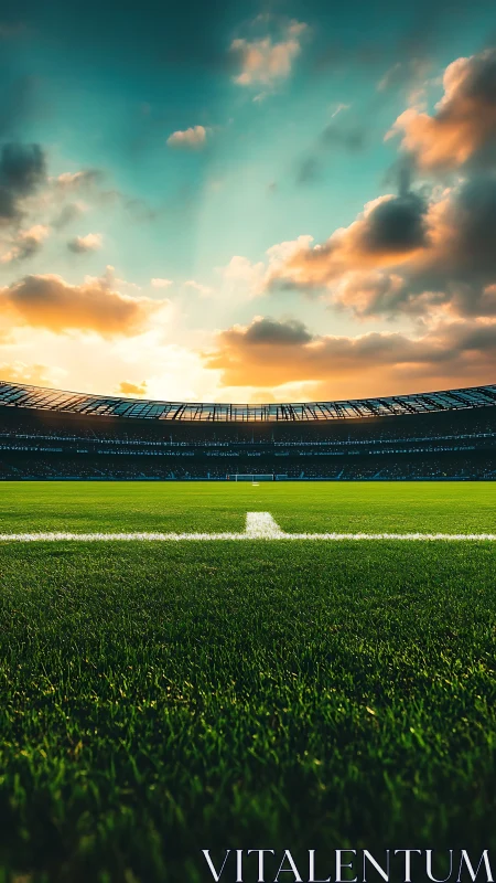Low-angle sunset view over professional football pitch lines