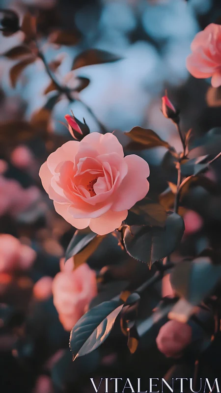Pink roses in garden with buds and foliage under natural light