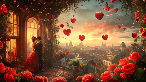 Parisian Sunset Balcony: Romance, Red Roses, Floating Hearts, Cityscape.