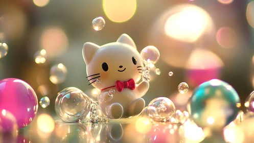 Toy cat figurine amid luminous bubbles and bokeh orbs