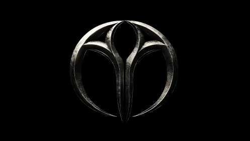Metallic circular sigil with carved crescent divisions on black.