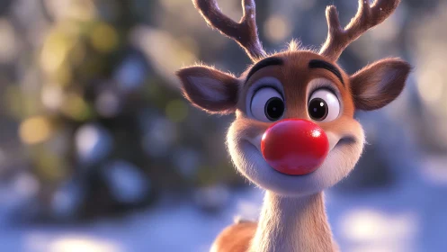 Smiling red-nosed reindeer in soft winter bokeh glow.