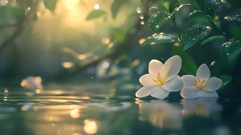 White flowers with water droplets in soft natural light.