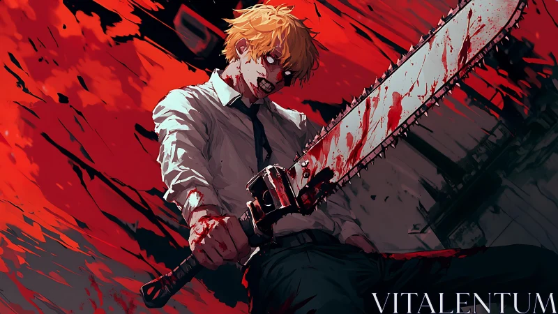 Blood-soaked anime fighter wields oversized chainsaw in dynamic perspective