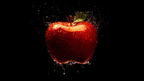 Vivid Red Apple with Water Splash on Black Background, Photorealistic.