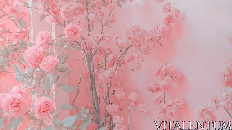 Pink Floral Abundance: Roses and Cherry Blossoms in Soft Rendering.