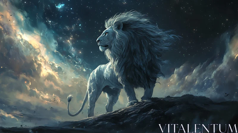 Celestial white lion standing against star filled sky.