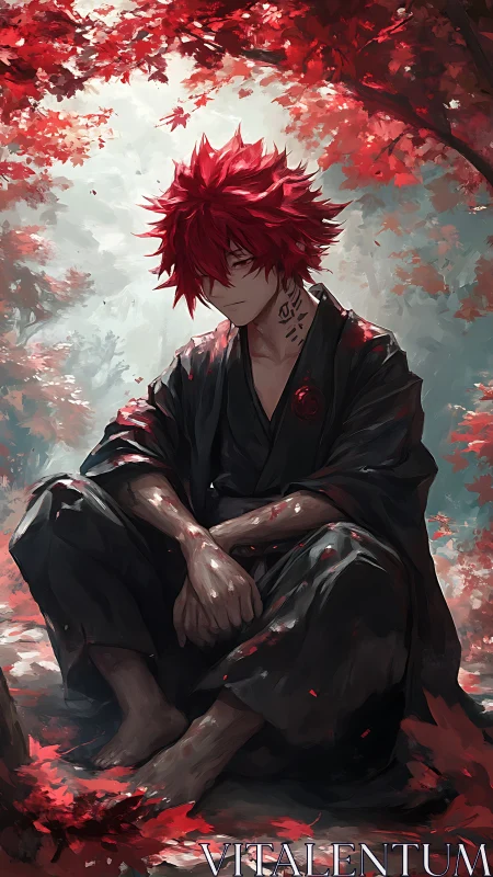 Solitary red-haired warrior beneath burning autumn canopy.