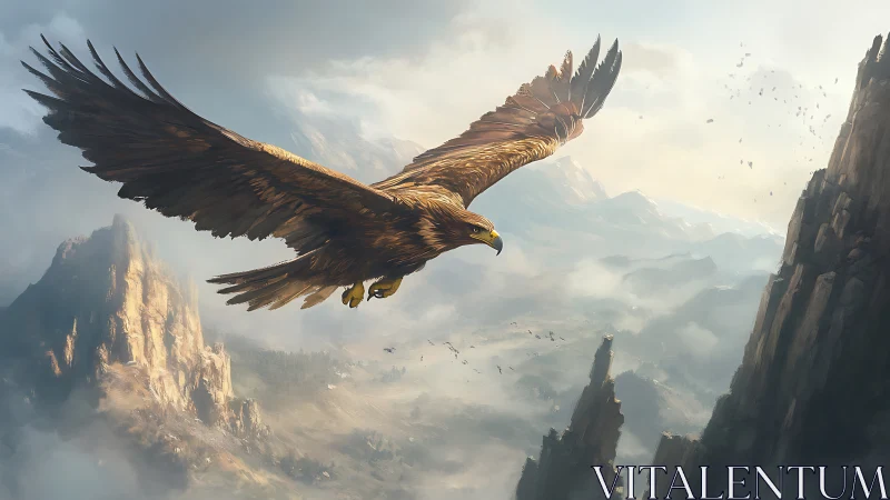 Majestic Eagle Soaring Over Misty Mountains in Realistic Art Style.