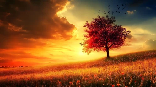 Digital painting landscape with lone crimson tree at dusk.