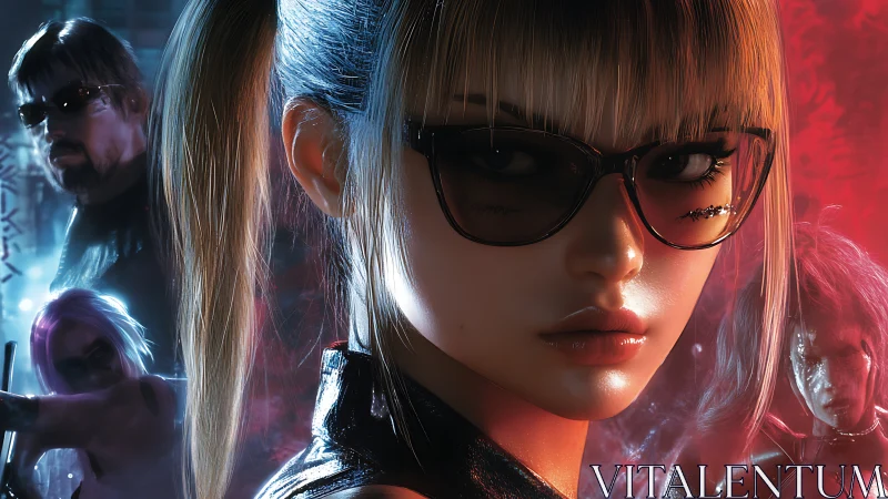 Female figure with glasses in neon-lit digital character group.