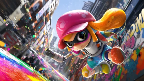 Joyful ink-splashed skater racing through a neon city street.