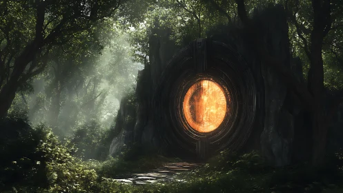 Luminescent circular portal embedded in dense forest rock face