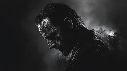 Shattered silhouette of a brooding man dissolving in shadow.