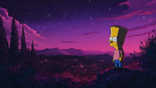Bart Simpson gazes over a dreamy purple twilight valley.
