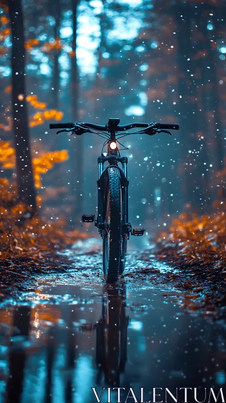 Mountain Bike in Rain with Urban Light Bokeh