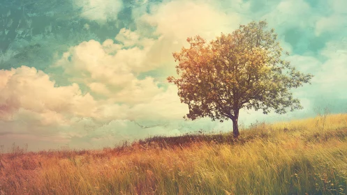 Lone tree on grassy hill under dreamy sky, soft pastel art style.
