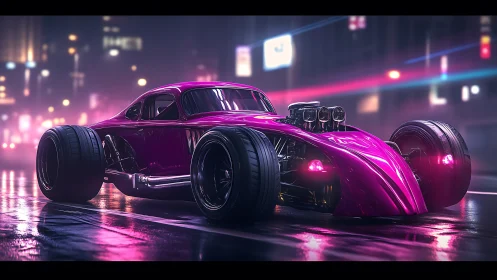 Magenta hot rod with exposed supercharger in neon lit wet street