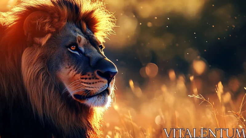 Majestic male lion study under warm golden backlight