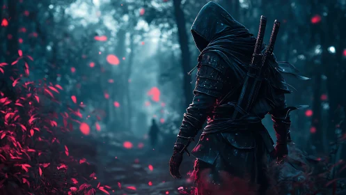 Cinematic digital painting of hooded forest assassin figure.