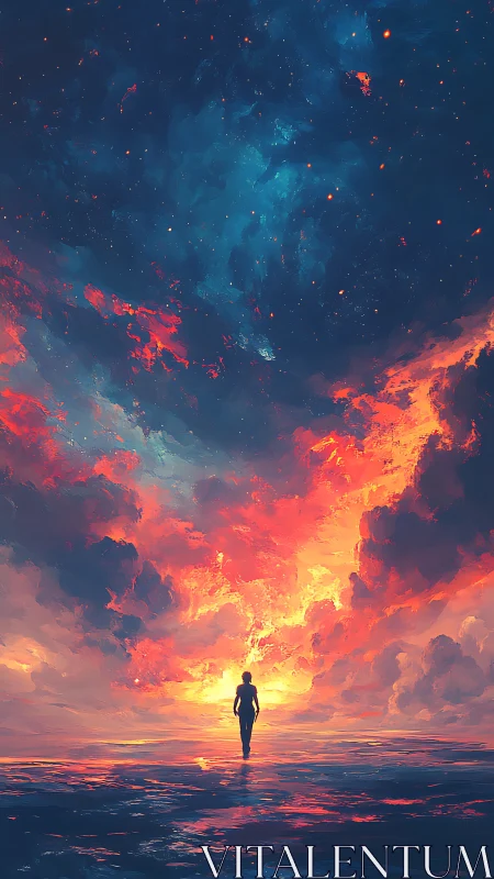 Silhouetted figure walks toward incandescent nebular sky portal