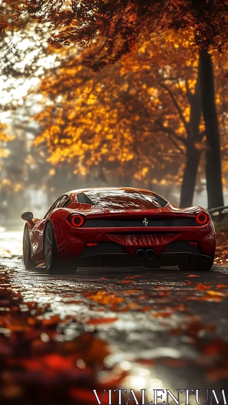 Red supercar glides through golden autumn forest road.