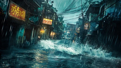 Urban monsoon flood surging through neon-lit backstreet.