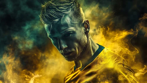 Male athlete in yellow jersey amid dramatic yellow smoke.