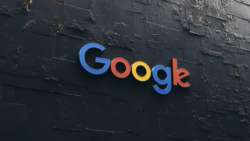 Google corporate logo on textured dark exterior wall surface.