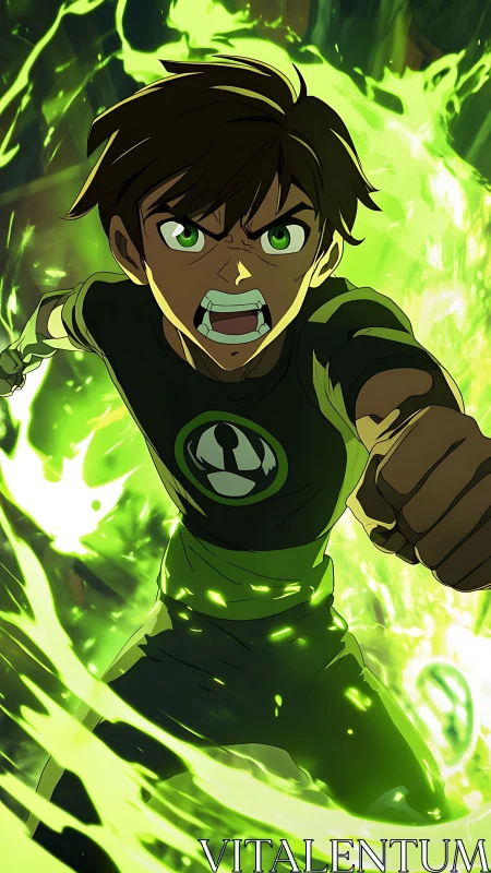 Teen hero charges through neon green energy vortex