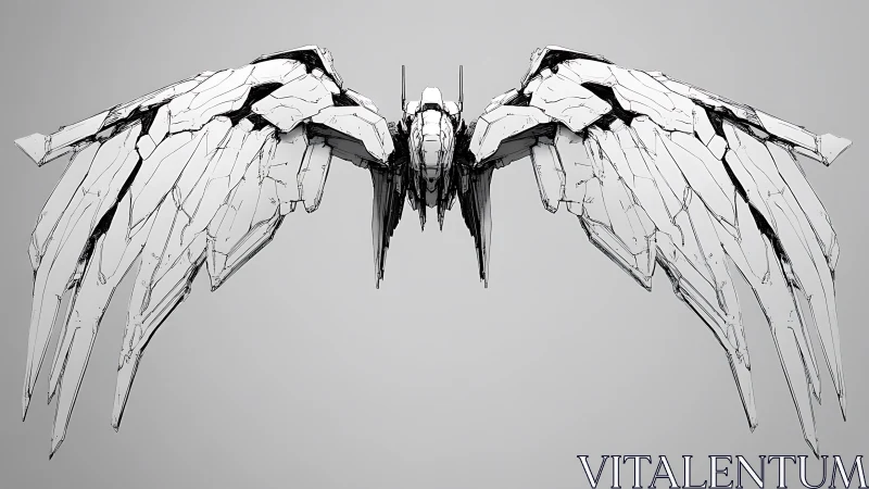 Symmetric mech-angel wing assembly with shard-segmented plating.