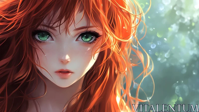 Red haired anime portrait with detailed green eyes.