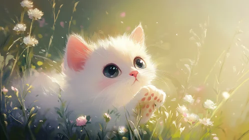 White Kitten with Striking Blue Eyes Among Pink Carnation Flowers