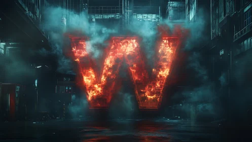 Molten letter V blazes defiantly in a neon-soaked alleyway