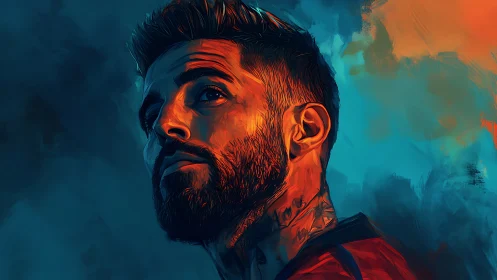 Chromatic male portrait under opposing spectral light fields.