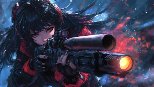 Focused anime sniper with glowing rifle muzzle in battle.