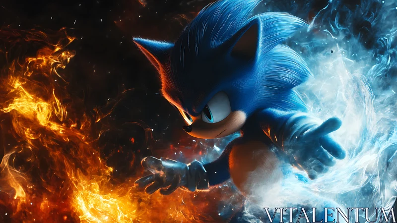 Blue anthropomorphic hedgehog rendered amid fire and ice effects