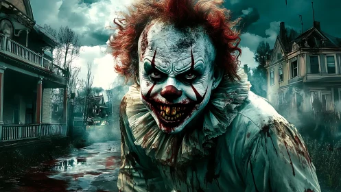 Sinister haunted clown stalking a foggy abandoned street.