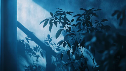 Dreamy Blue Plant Shadows on Wall in Soft Natural Light.