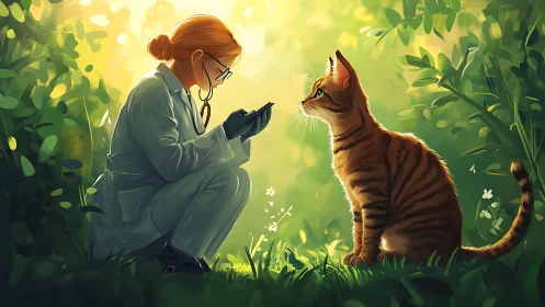 Caring Veterinarian Examines an Orange Tabby Cat in Lush Garden
