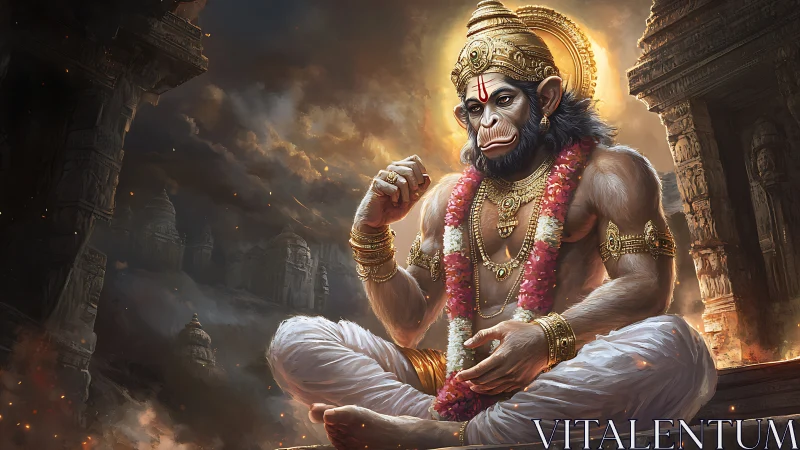 Radiant monkey deity in golden temple glow of dusk.